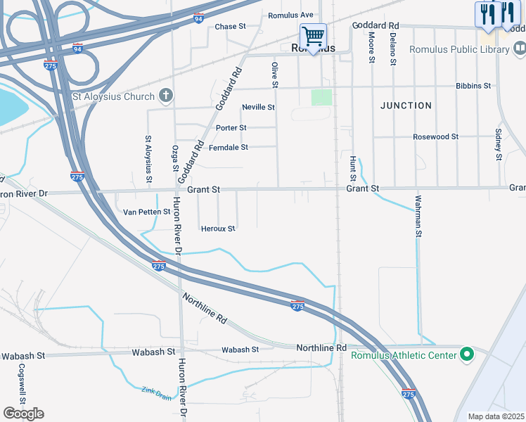 map of restaurants, bars, coffee shops, grocery stores, and more near 12103 Schultz Street in Romulus