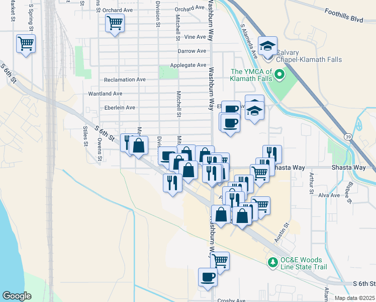 map of restaurants, bars, coffee shops, grocery stores, and more near 2424 Union Avenue in Klamath Falls