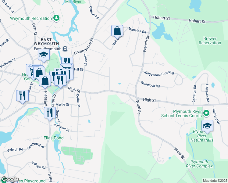 map of restaurants, bars, coffee shops, grocery stores, and more near 338 High Street in Hingham