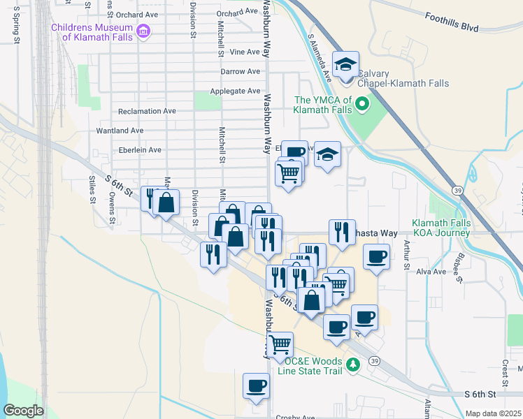 map of restaurants, bars, coffee shops, grocery stores, and more near 2501 Shasta Way in Klamath Falls