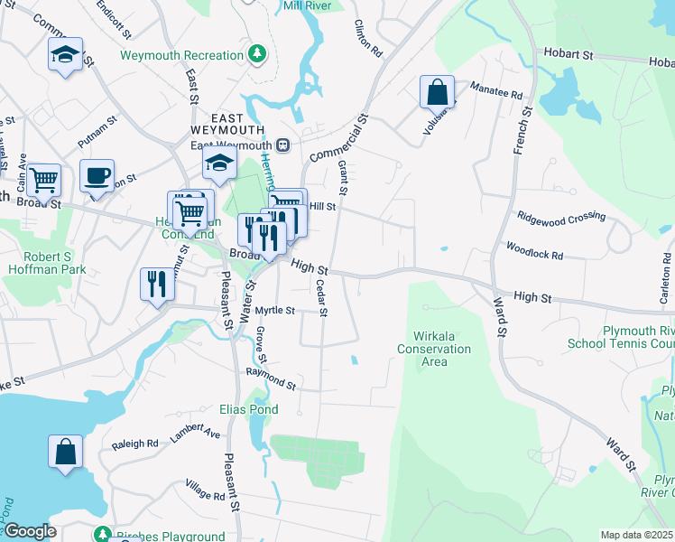 map of restaurants, bars, coffee shops, grocery stores, and more near 12 Cedar Street in Weymouth