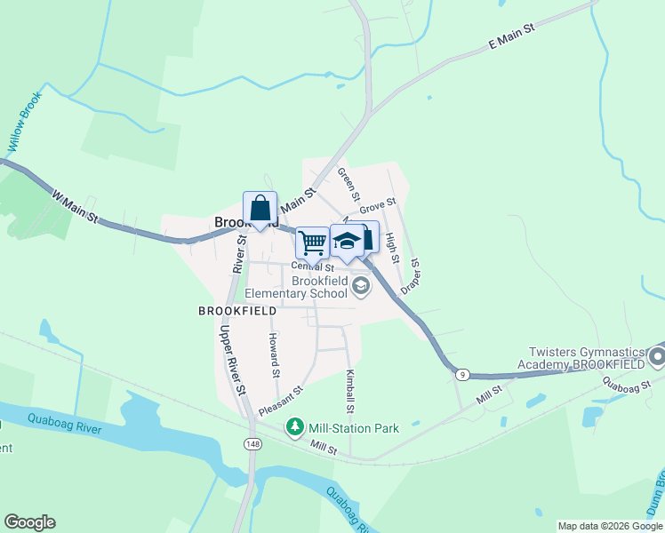 map of restaurants, bars, coffee shops, grocery stores, and more near 23 Central Street in Brookfield