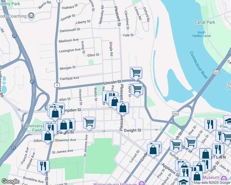 map of restaurants, bars, coffee shops, grocery stores, and more near 22 Allyn Street in Holyoke