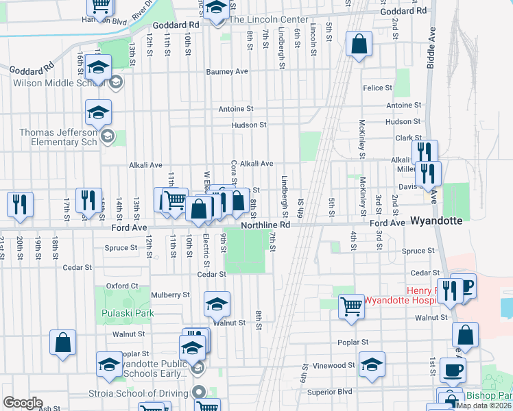 map of restaurants, bars, coffee shops, grocery stores, and more near 1876 8th Street in Wyandotte