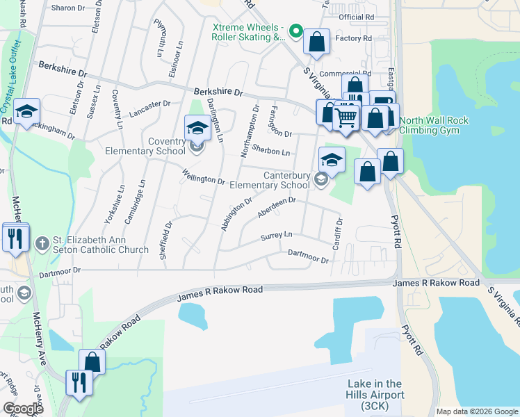 map of restaurants, bars, coffee shops, grocery stores, and more near 951 Aberdeen Drive in Crystal Lake