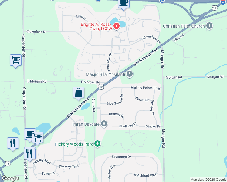 map of restaurants, bars, coffee shops, grocery stores, and more near 4640 Hickory Pointe Boulevard in Ypsilanti