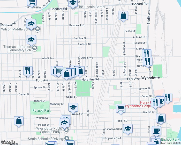 map of restaurants, bars, coffee shops, grocery stores, and more near 1846 7th Street in Wyandotte