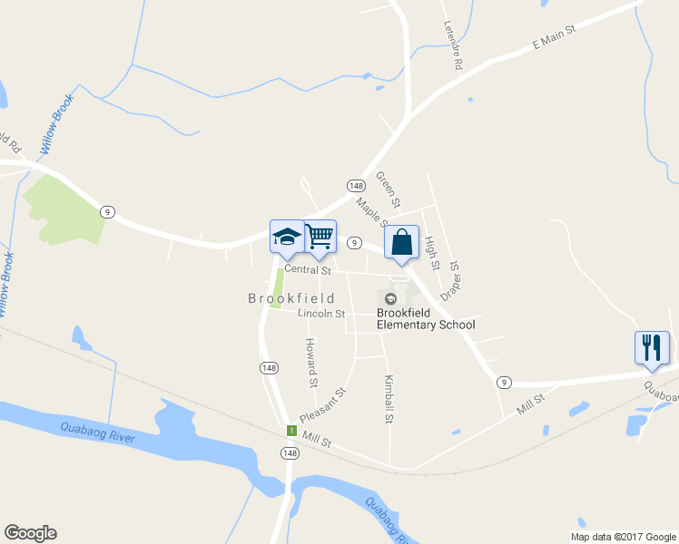 map of restaurants, bars, coffee shops, grocery stores, and more near 15 Central Street in Brookfield