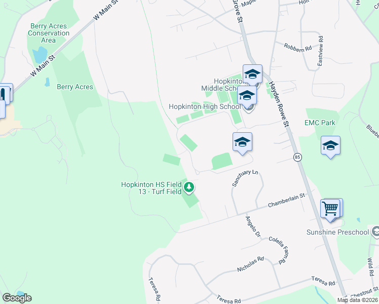 map of restaurants, bars, coffee shops, grocery stores, and more near Loop Road in Hopkinton
