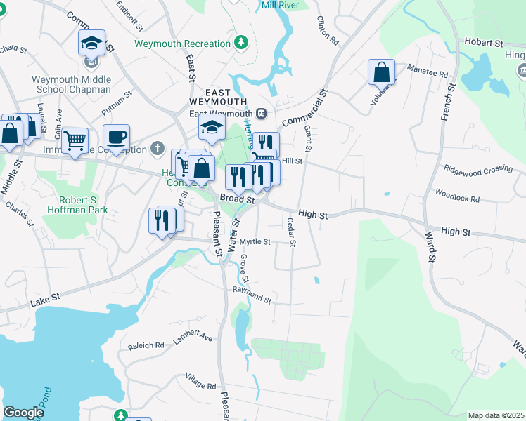 map of restaurants, bars, coffee shops, grocery stores, and more near 8 School Street in Weymouth