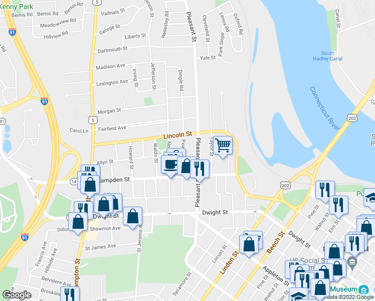 map of restaurants, bars, coffee shops, grocery stores, and more near 17-21 Allyn Street in Holyoke