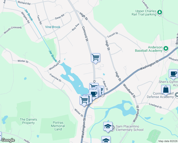 map of restaurants, bars, coffee shops, grocery stores, and more near 26 Taylor Road in Holliston