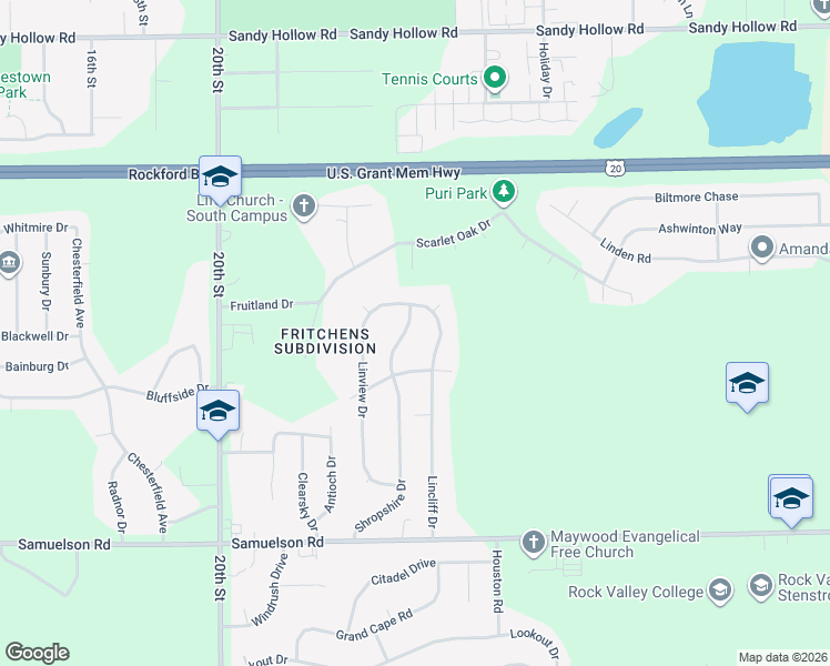 map of restaurants, bars, coffee shops, grocery stores, and more near 4626 Shropshire Drive in Rockford