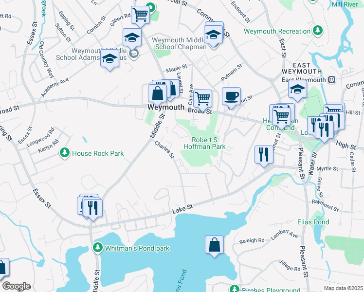 map of restaurants, bars, coffee shops, grocery stores, and more near 64 Charles Street in Weymouth