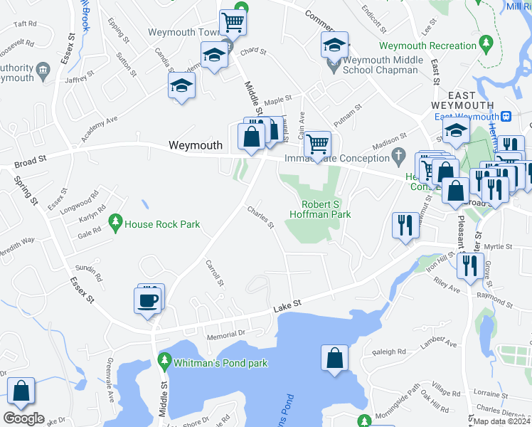 map of restaurants, bars, coffee shops, grocery stores, and more near 41 Charles Street in Weymouth