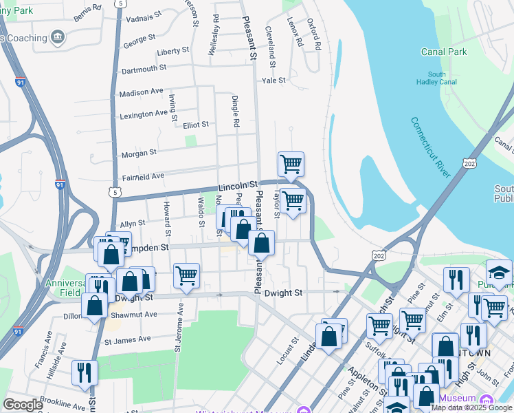 map of restaurants, bars, coffee shops, grocery stores, and more near 22 Allyn Street in Holyoke