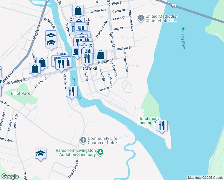 map of restaurants, bars, coffee shops, grocery stores, and more near 85 Broad Street in Catskill