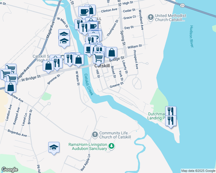 map of restaurants, bars, coffee shops, grocery stores, and more near 229 Main Street in Catskill