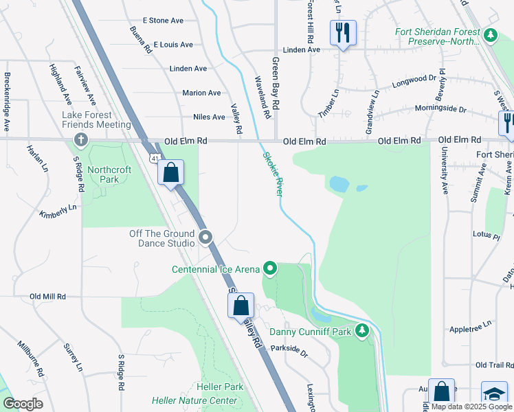 map of restaurants, bars, coffee shops, grocery stores, and more near 3435 Old Mill Road in Highland Park