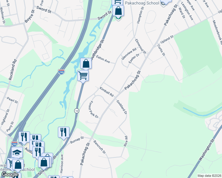 map of restaurants, bars, coffee shops, grocery stores, and more near 7 Kimball Road in Auburn