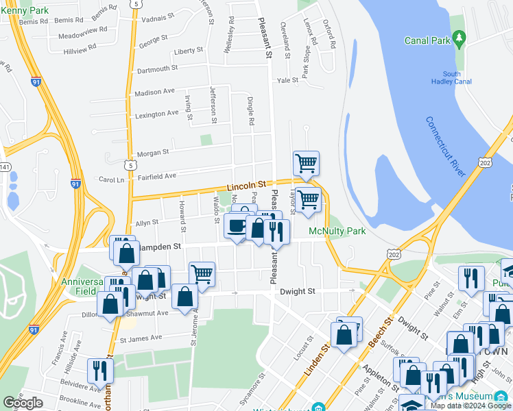 map of restaurants, bars, coffee shops, grocery stores, and more near 146 Pearl Street in Holyoke