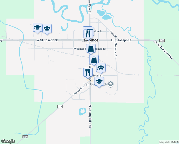 map of restaurants, bars, coffee shops, grocery stores, and more near 490 South Paw Paw Street in Lawrence