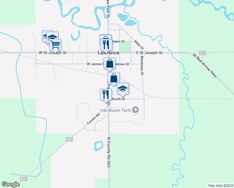 map of restaurants, bars, coffee shops, grocery stores, and more near 439 South Paw Paw Street in Lawrence