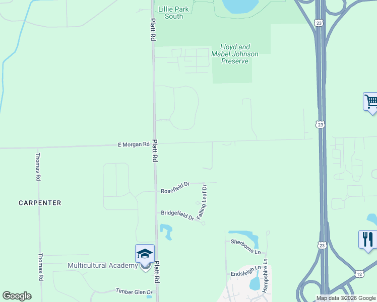 map of restaurants, bars, coffee shops, grocery stores, and more near 3150 East Morgan Road in Ann Arbor