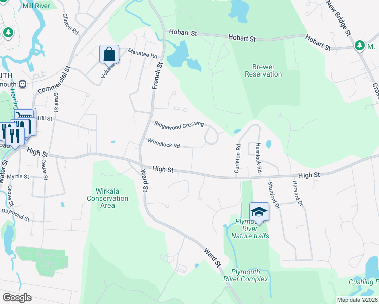 map of restaurants, bars, coffee shops, grocery stores, and more near 249 High Street in Hingham