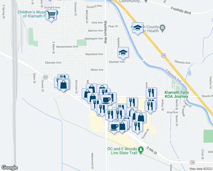 map of restaurants, bars, coffee shops, grocery stores, and more near Washburn Way & Union St in Klamath Falls