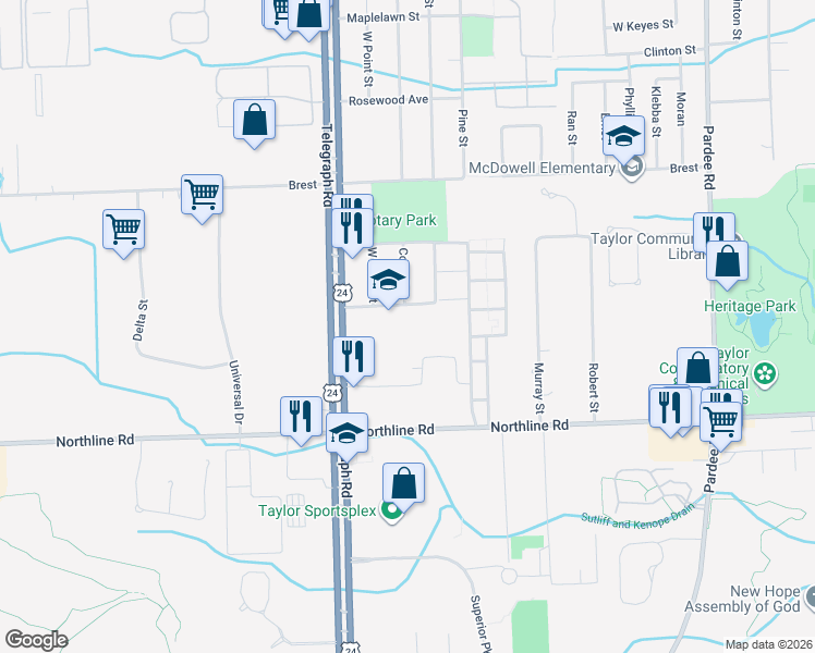 map of restaurants, bars, coffee shops, grocery stores, and more near 12575 Telegraph Road in Taylor