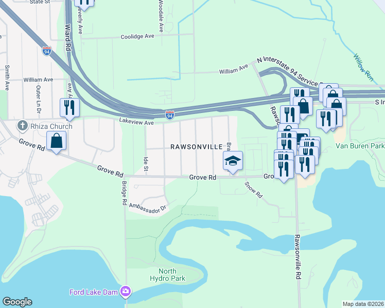 map of restaurants, bars, coffee shops, grocery stores, and more near 2157 McGregor Avenue in Ypsilanti