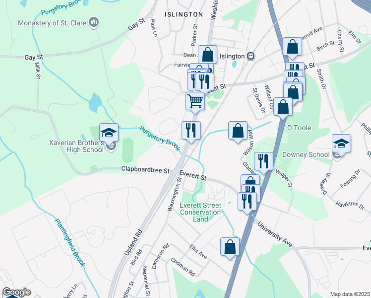 map of restaurants, bars, coffee shops, grocery stores, and more near 411 Washington Street in Westwood