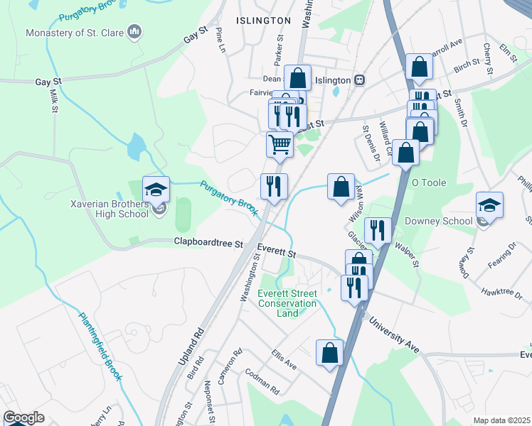 map of restaurants, bars, coffee shops, grocery stores, and more near 409 Washington Street in Westwood