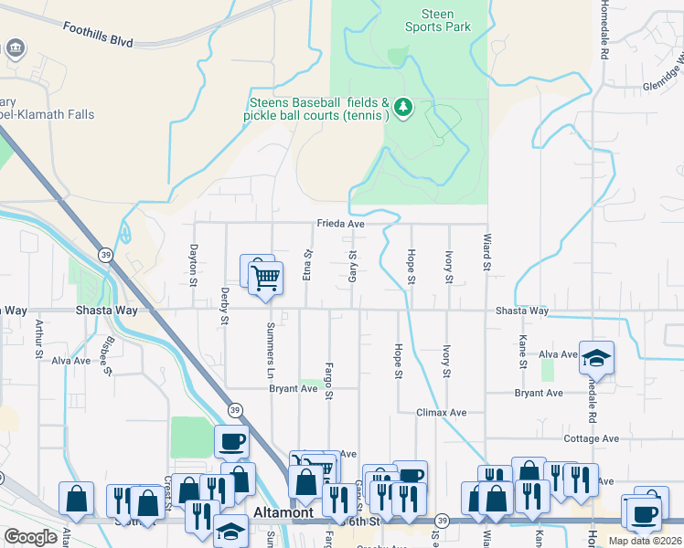 map of restaurants, bars, coffee shops, grocery stores, and more near 1619 Gary Street in Klamath Falls