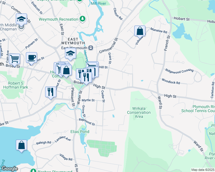 map of restaurants, bars, coffee shops, grocery stores, and more near 12 Cedar Street in Weymouth