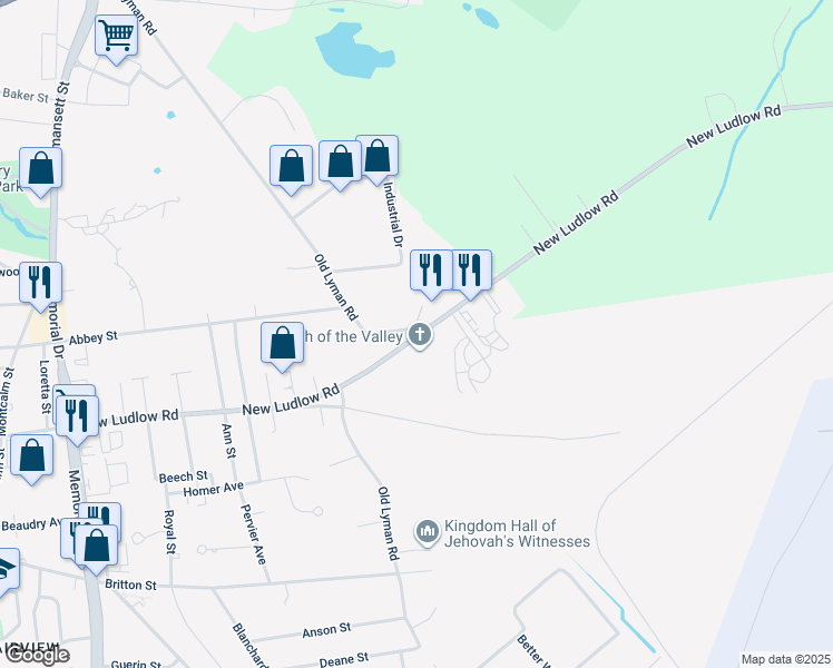 map of restaurants, bars, coffee shops, grocery stores, and more near 603 New Ludlow Road in Chicopee