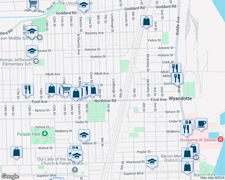 map of restaurants, bars, coffee shops, grocery stores, and more near 1883 7th Street in Wyandotte