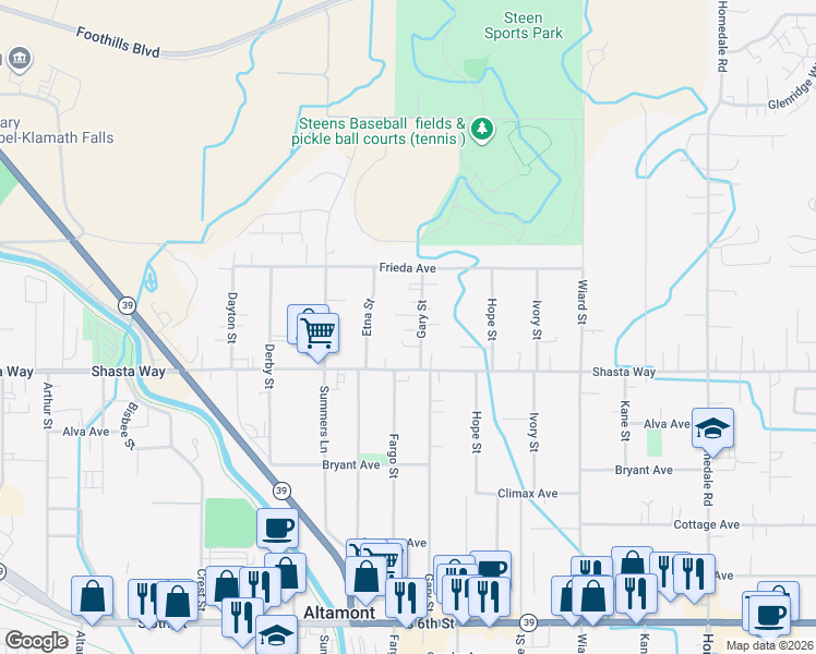 map of restaurants, bars, coffee shops, grocery stores, and more near 1619 Gary Street in Klamath Falls