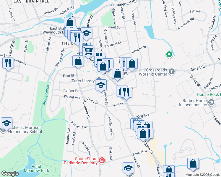 map of restaurants, bars, coffee shops, grocery stores, and more near 22 Lindbergh Avenue in Weymouth