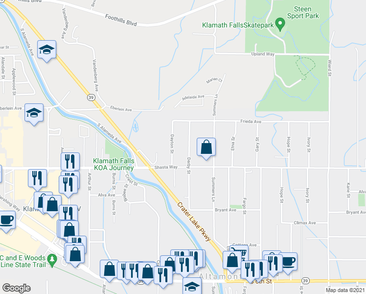map of restaurants, bars, coffee shops, grocery stores, and more near 1628 Derby Street in Klamath Falls