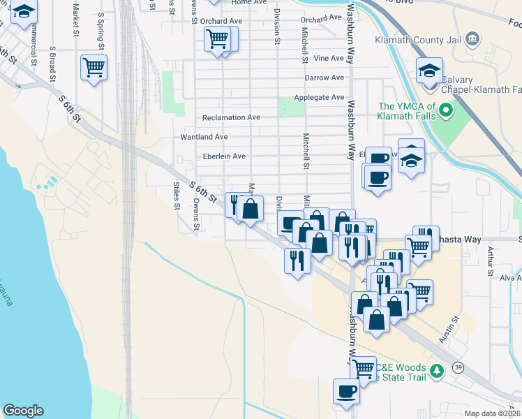 map of restaurants, bars, coffee shops, grocery stores, and more near 2237 South 6th Street in Klamath Falls