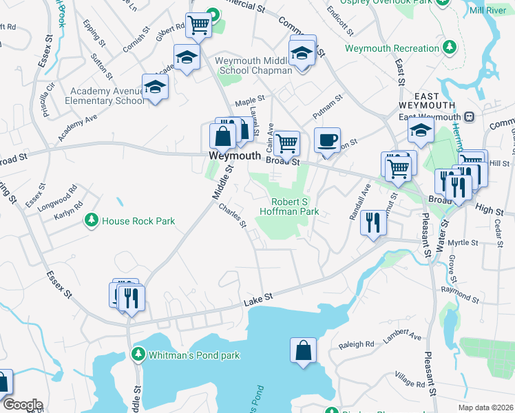 map of restaurants, bars, coffee shops, grocery stores, and more near 64 Charles Street in Weymouth