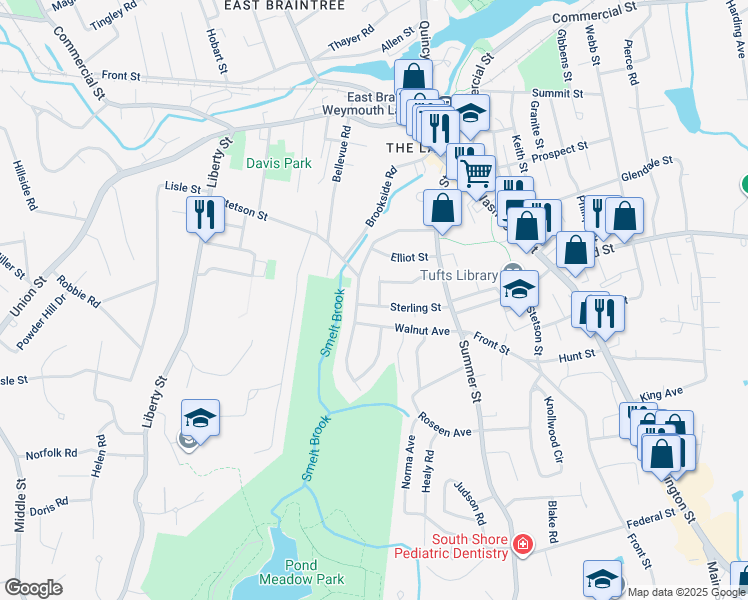 map of restaurants, bars, coffee shops, grocery stores, and more near 67 Walnut Avenue in Braintree