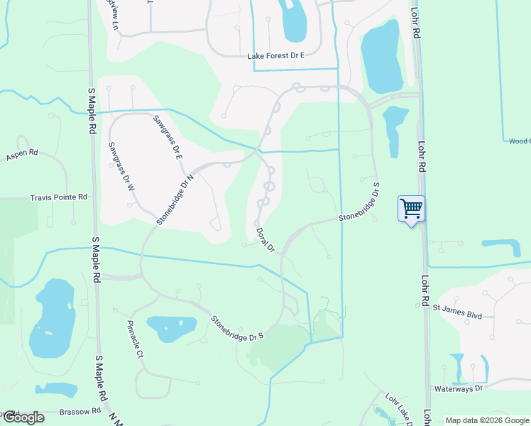 map of restaurants, bars, coffee shops, grocery stores, and more near 5041 Doral Drive in Ann Arbor