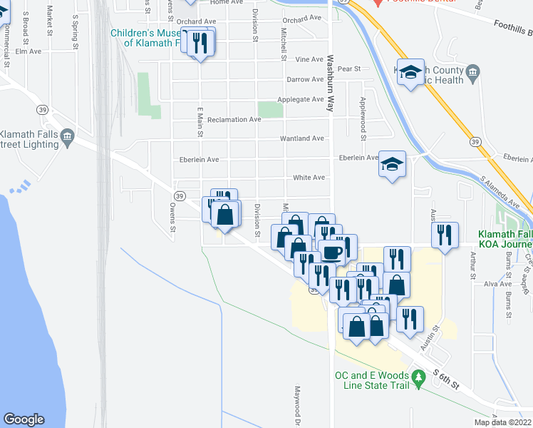 map of restaurants, bars, coffee shops, grocery stores, and more near 2319 Union Avenue in Klamath Falls