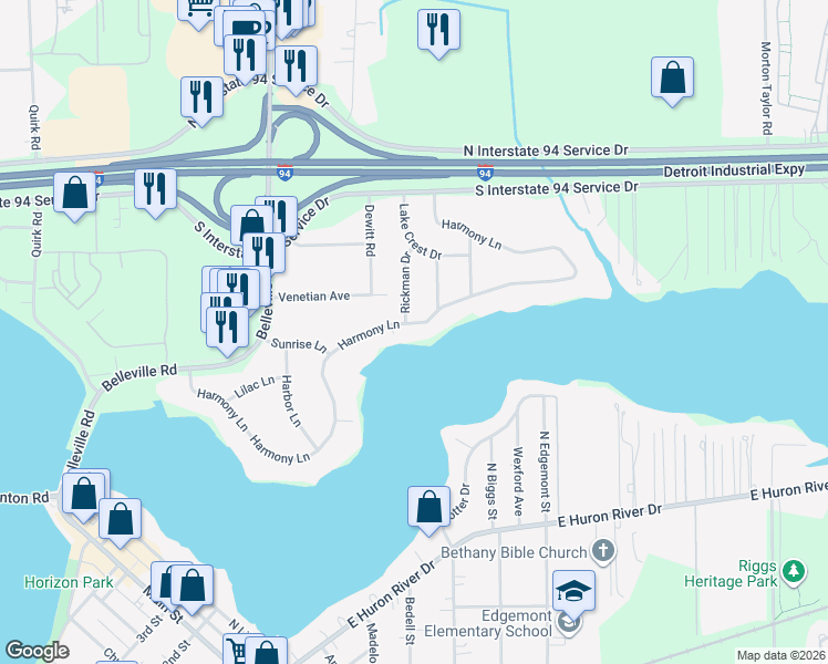 map of restaurants, bars, coffee shops, grocery stores, and more near 44655 Harmony Lane in Belleville