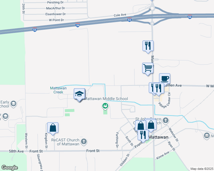 map of restaurants, bars, coffee shops, grocery stores, and more near 24356 West McGillen Avenue in Mattawan