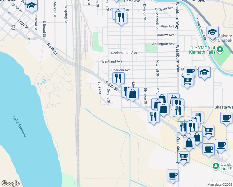 map of restaurants, bars, coffee shops, grocery stores, and more near 2074 South 6th Street in Klamath Falls