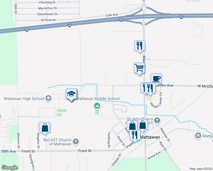 map of restaurants, bars, coffee shops, grocery stores, and more near 24354 West McGillen Avenue in Mattawan